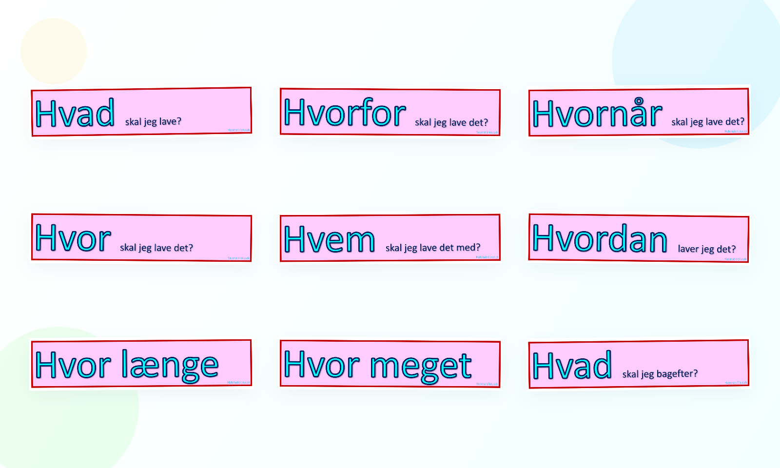 Preview af de ni piktogrammer med spørgsmålene i De 9 H'er