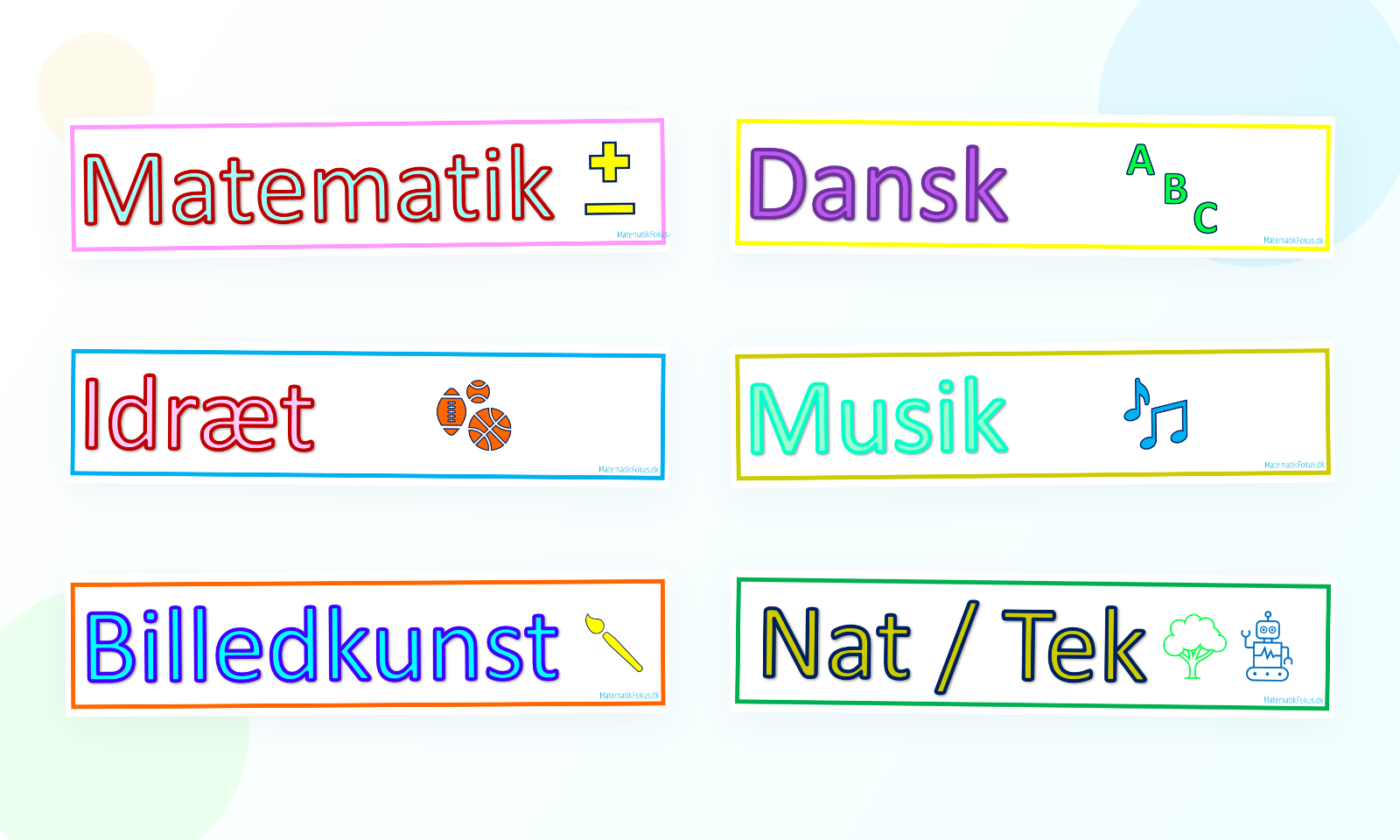 Preview med piktogrammer for matematik, dansk, idræt, musik, billedkunst og natur/teknologi