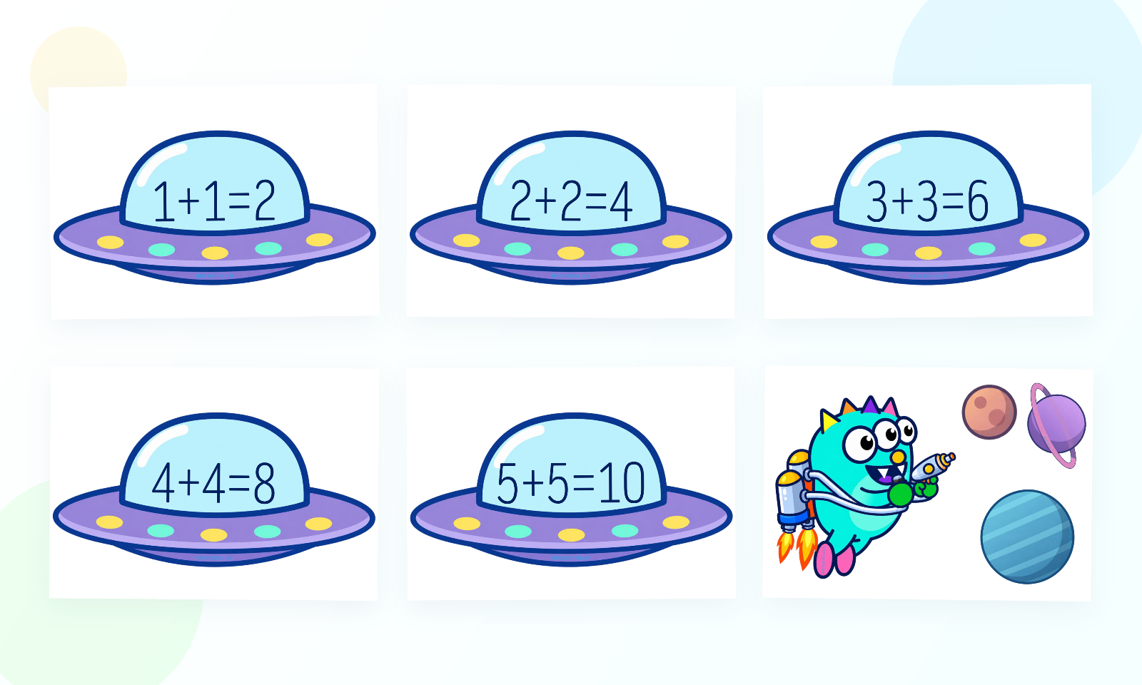 Fem UFO-plakater med Plus-par fra 1+1 til 5+5 samt et monster med tre planeter