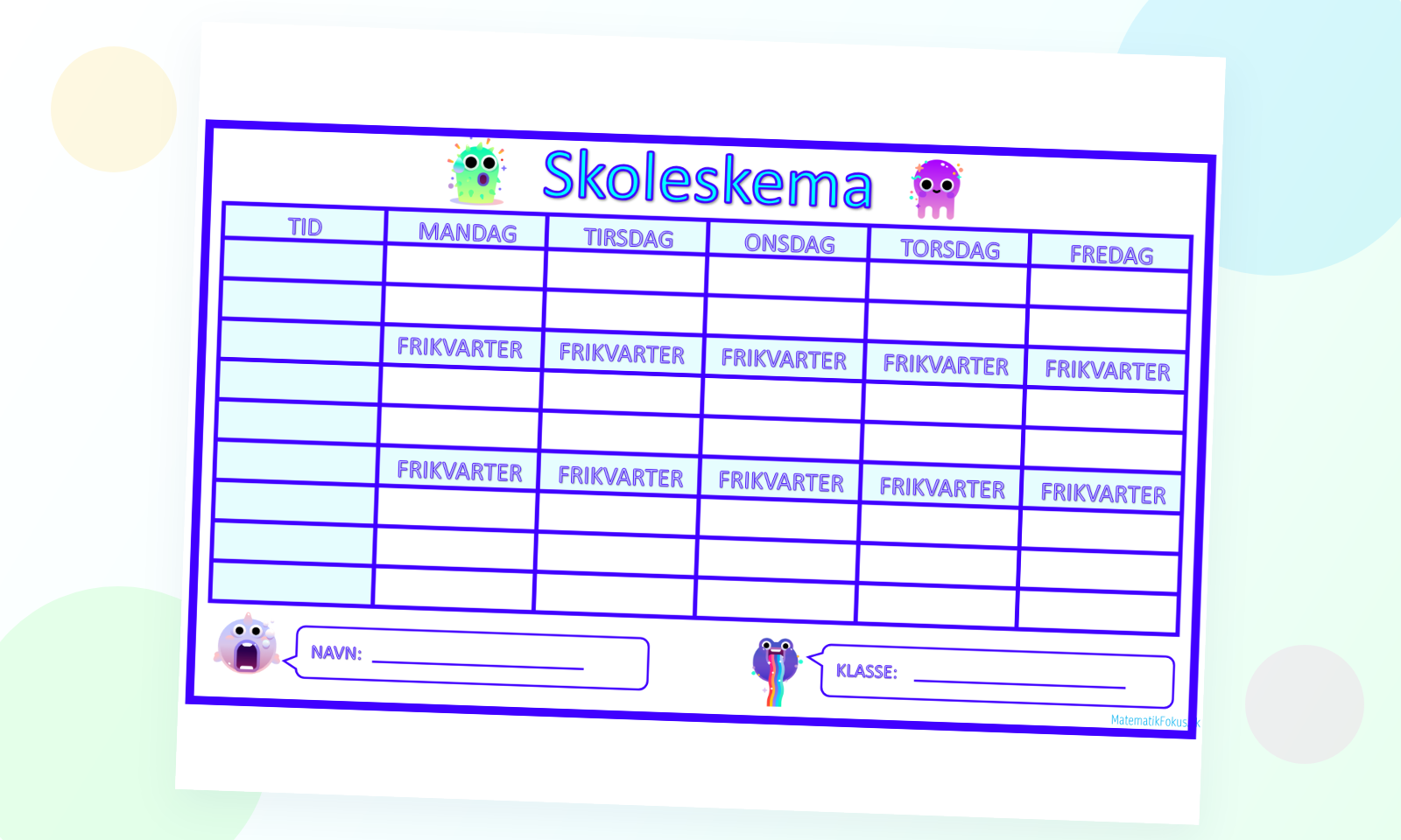 Preview af et farverigt skoleskema med felter til elevens navn, klasse og ugens skoledage